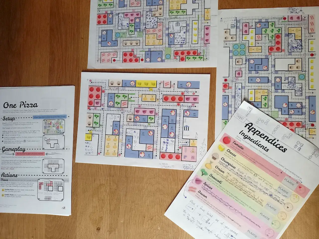 One Pizza: several test games and rulebook. Also notice an OLDER version of the appendices, with placeholder rectangles where images should come, and lots of handwritten notes by me.