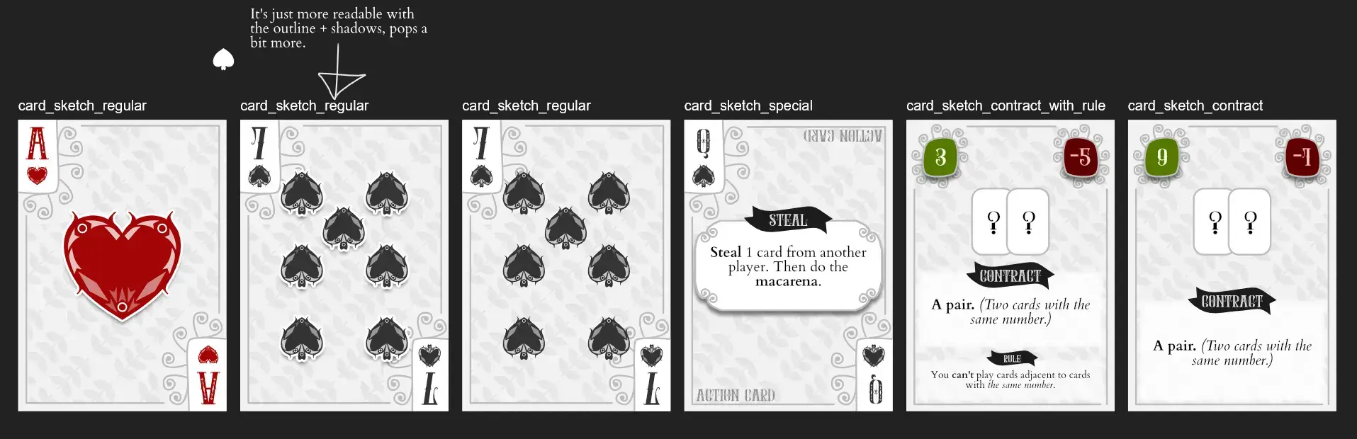The first general design sketches for the different card types. The first general design sketches for the different card types.