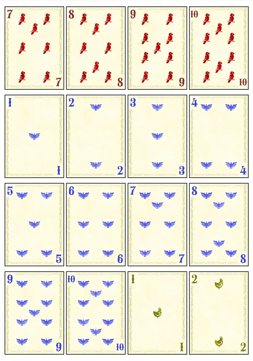 You can see three of the four suits here; icons arranged in the usual grid. Just after finishing this, I found an image of a different set of cards that arranged its icons in a much more freeflowing/experimental way. Too late for this project, but I&rsquo;ll probably use that for a later card game.