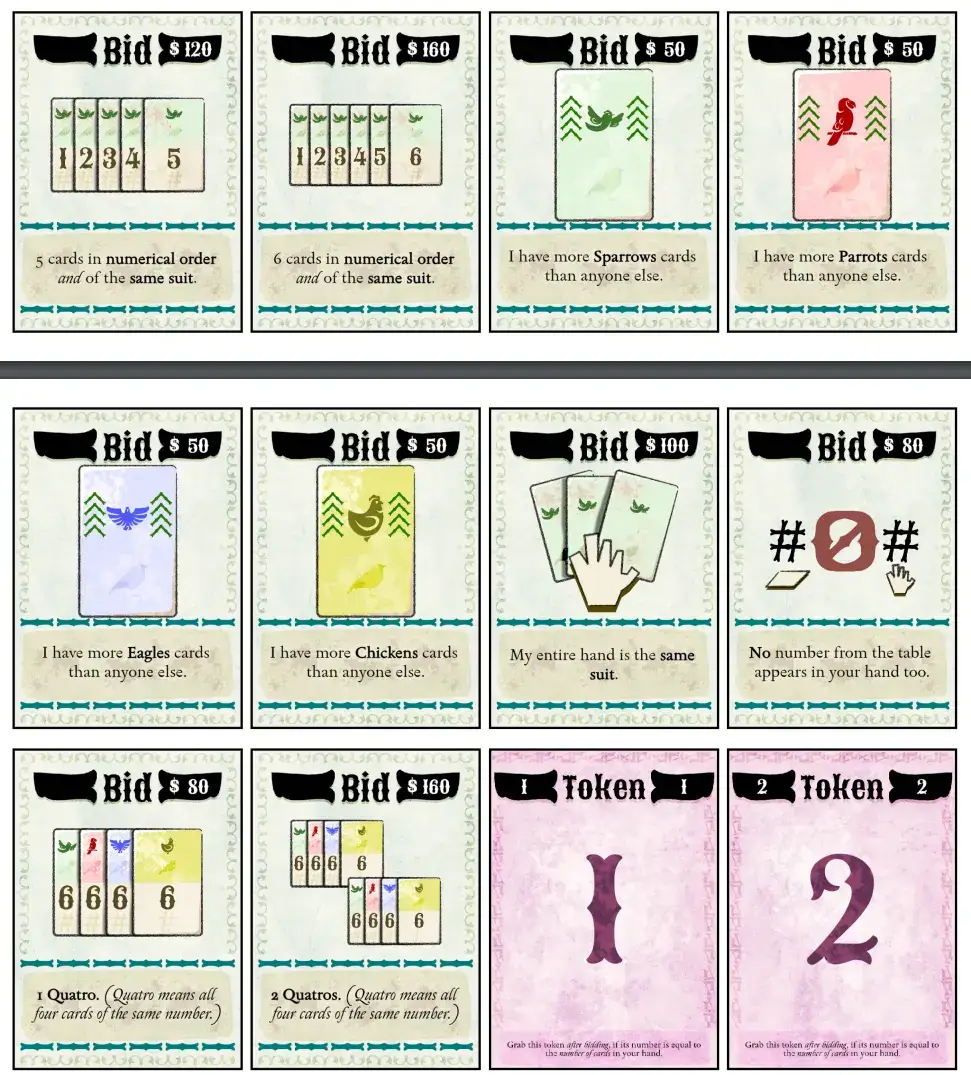 Drawing all the possible unique bids as neat icons was a bit of a pain. But it does look good in the end, creating a cohesive style for the whole game.