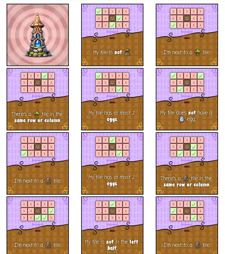 The tiles showing both a movement and a hiding rule.