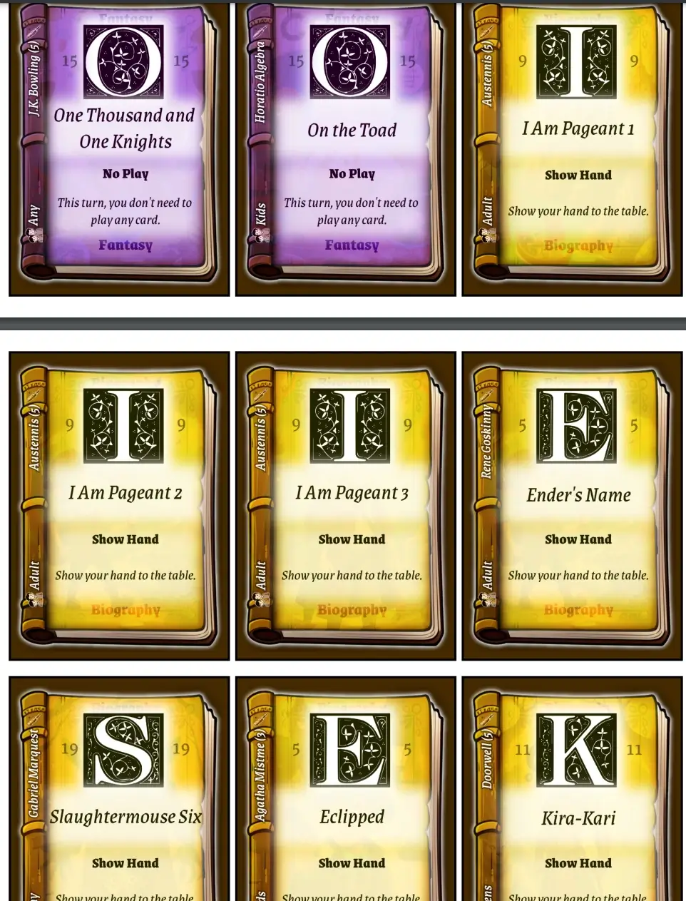 Two of the six possible genre cards. Two of the six possible genre cards.