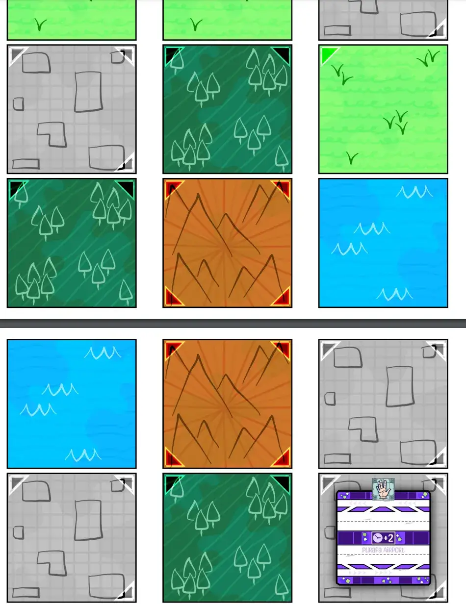 Notice the triangles in the corners. If you’re not looking for them, they don’t get in the way. But they’re clearly visible if you want to know the elevation—and also consistent per terrain type. Notice the triangles in the corners. If you’re not looking for them, they don’t get in the way. But they’re clearly visible if you want to know the elevation—and also consistent per terrain type.