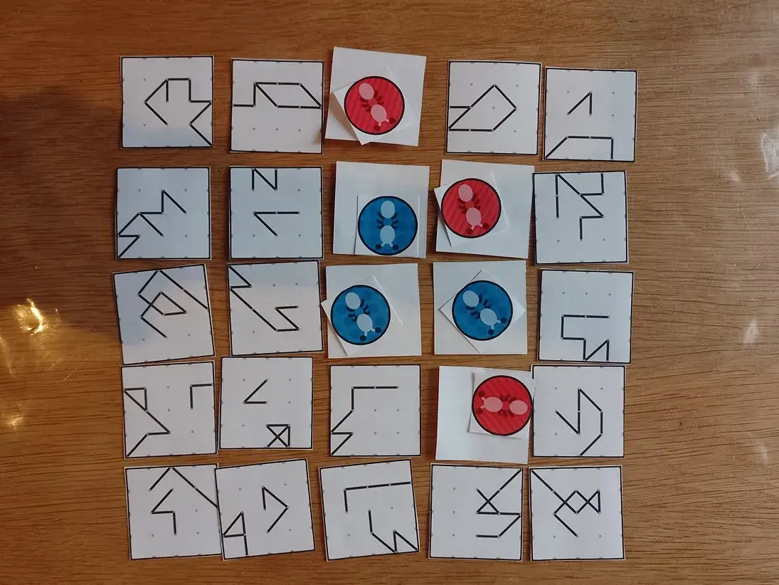 Image of first playtest, square board, just started