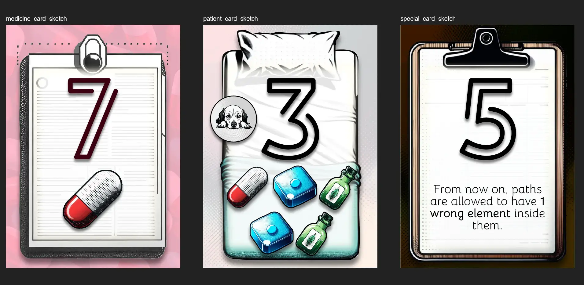 Initial sketches for the card desig for all major card types. Initial sketches for the card desig for all major card types.