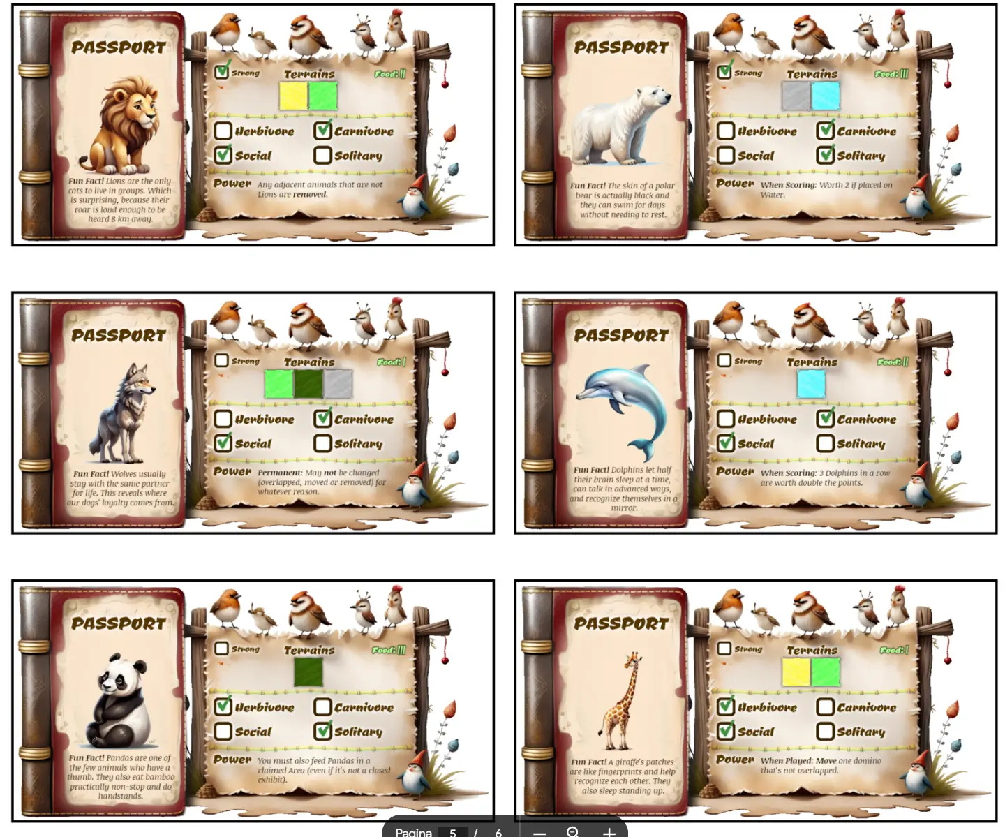 Some of the animal passports. Still playing around with their final size, because they should be big enough to read at a glance from any angle.