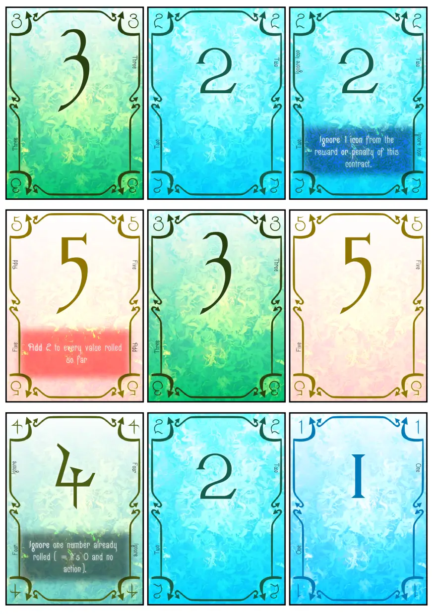 Regular base game dice cards.
