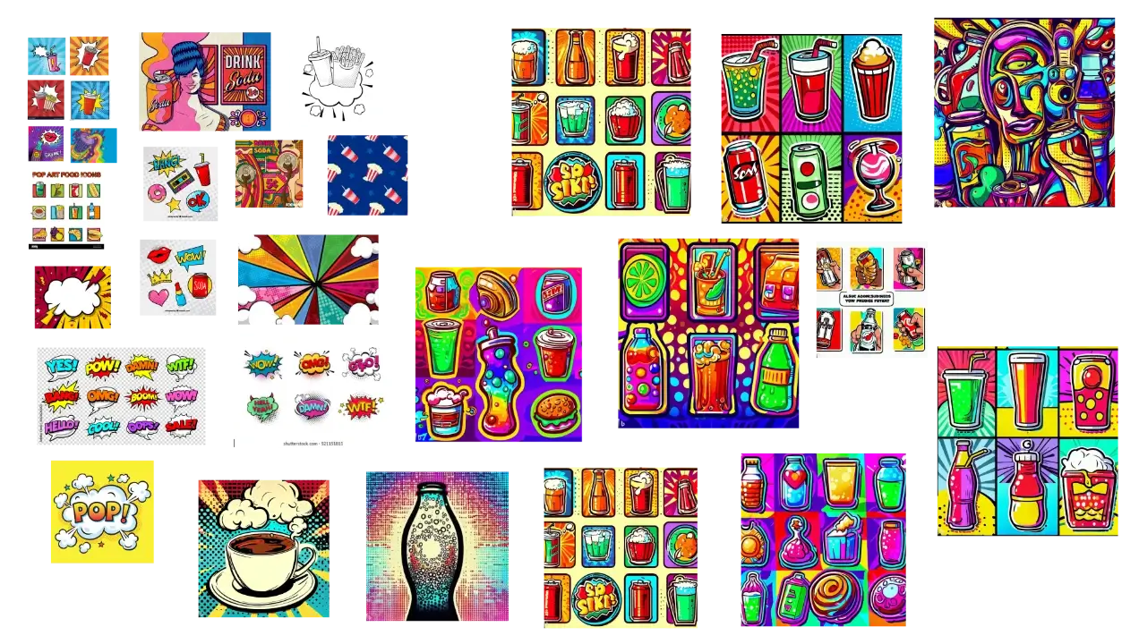 Mood board for pop art / colorful / soda pop art style for this card game.