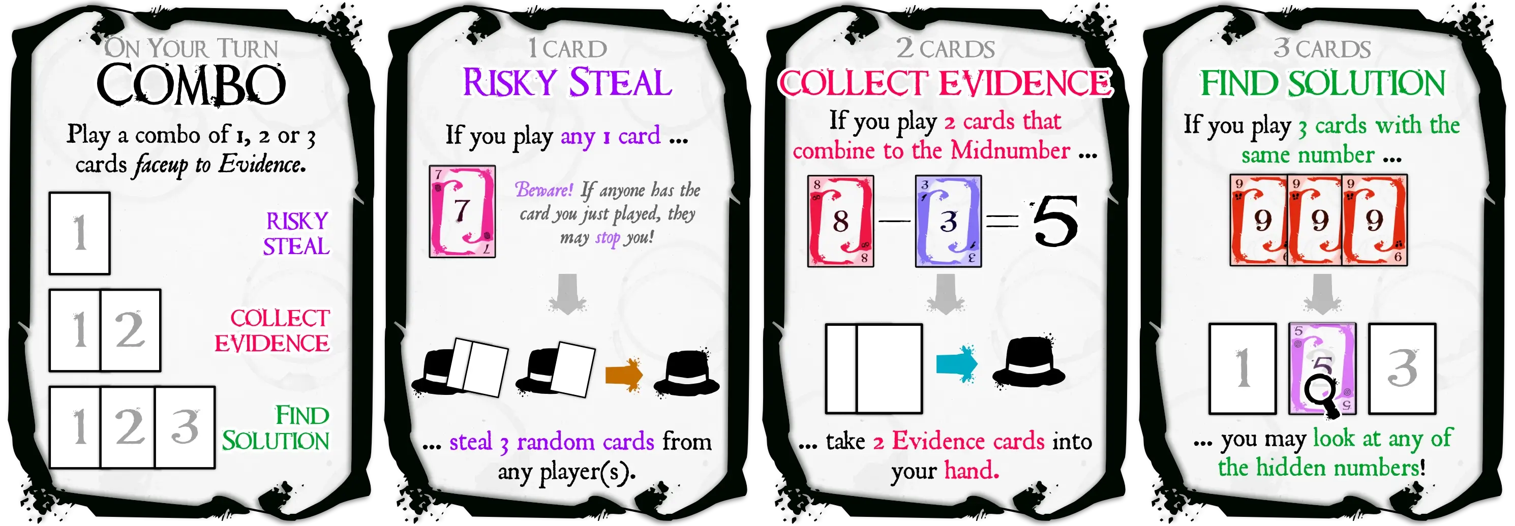 Examples of the three possible combos (1 card, 2 card, 3 cards) you can play.