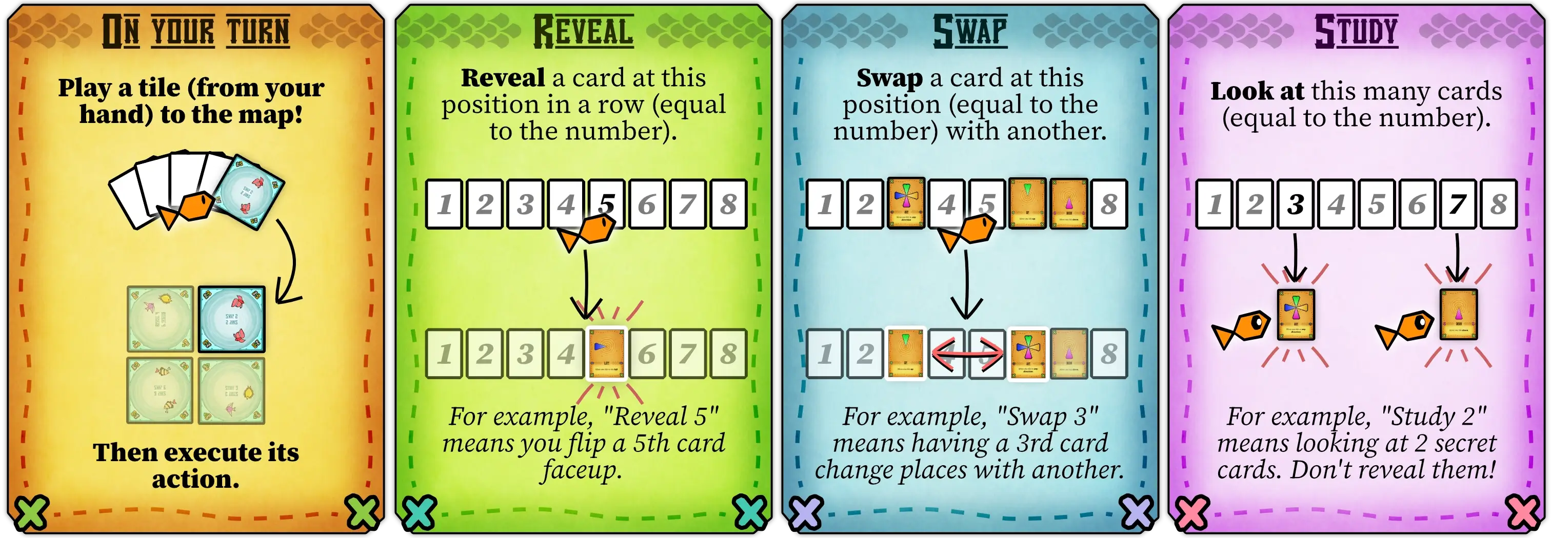 Example of playing a tile and the three possible actions that could be on it.