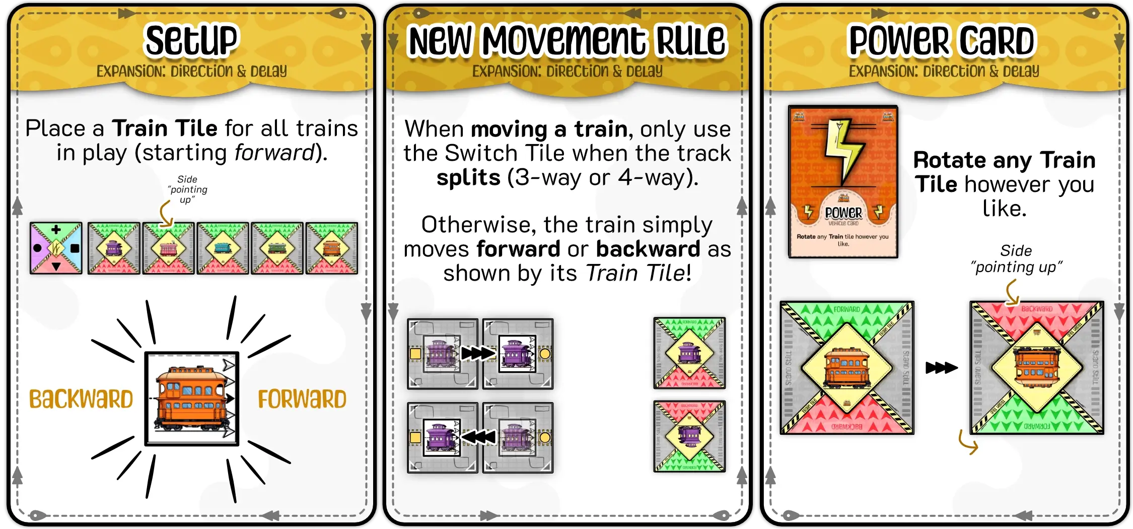 Examples of the Train Tiles and how they modify movement on simple rails, as well as the new Vehicle Card that controls this.