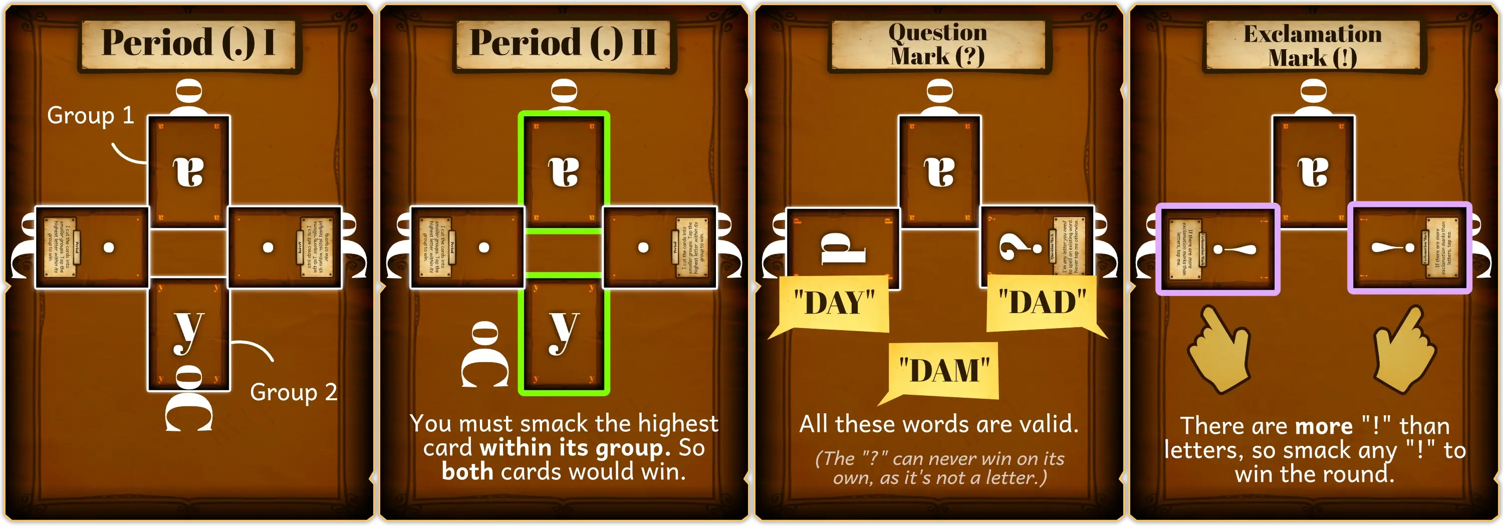 Examples of the powers of all punctuation cards (period, question mark, exclamation mark).