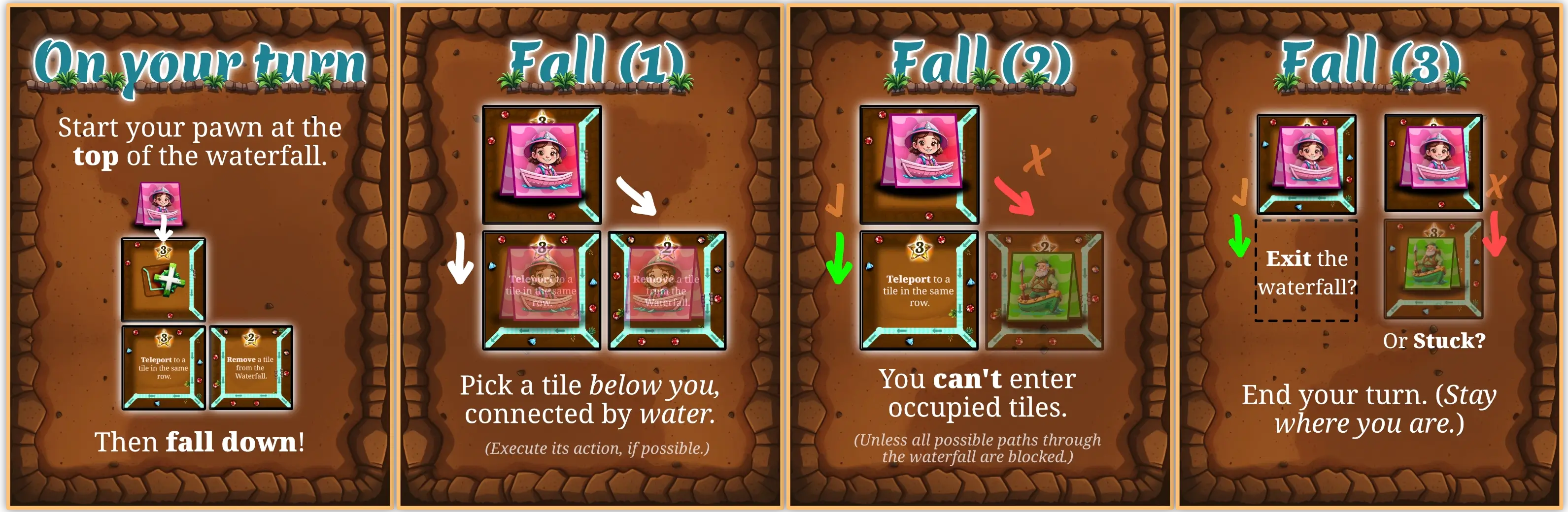 Example of gameplay: fall down, follow water paths, players block each other.